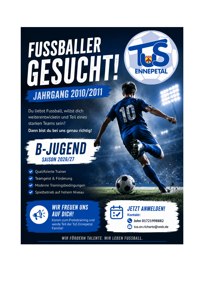 B-Jugend sucht Fußballer der Jahrgänge 2010/2011